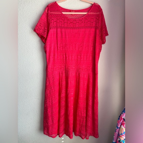 Signature by Sangria Coral Red Lace Overlay Short Sleeve Fit & Flare Dress 20W - Picture 8 of 12